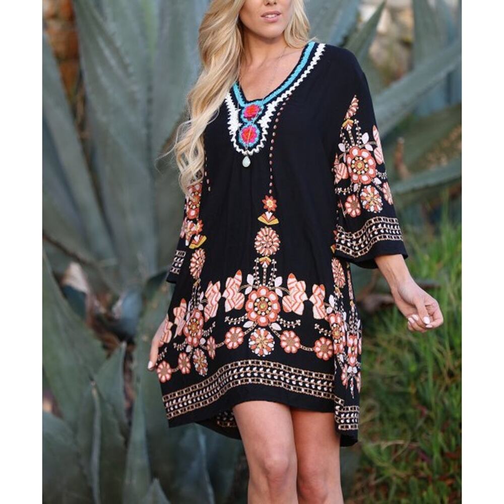Anandas Black Boho Crochet V-Neck Geometric Shift Dress Women's Size L Rayon